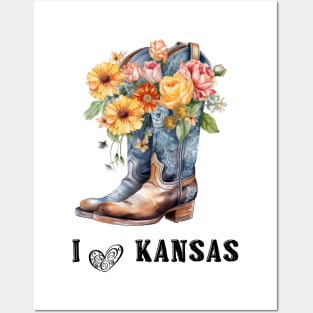 I Love Kansas Boho Cowboy Boots with Flowers Watercolor Art Posters and Art